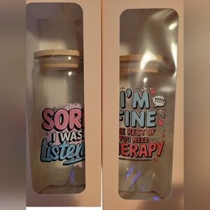 Humorous Glasses Set with Colorful Text & Bamboo Lids